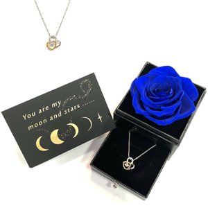 BLUE Preserved Real Rose with Sterling Silver Necklace for Valentine's Day Gift